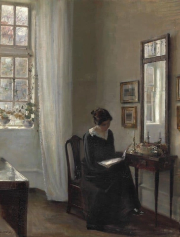 Innenraum mit der Frau des Künstlers, die in einer Ecke des Wohnzimmers liest