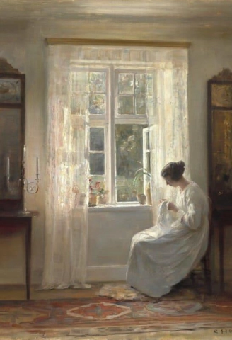 Interior con la esposa del artista sentada con su labor junto a una ventana abierta