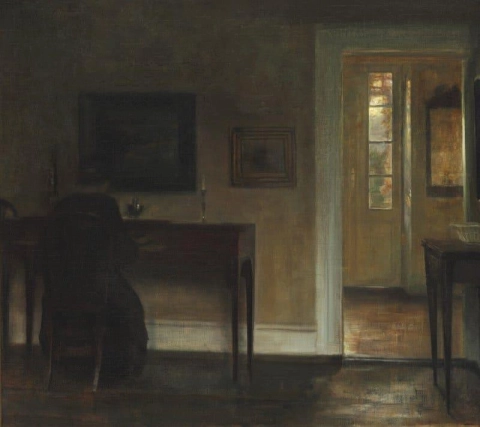 Interior con la esposa del pintor sentada al piano.
