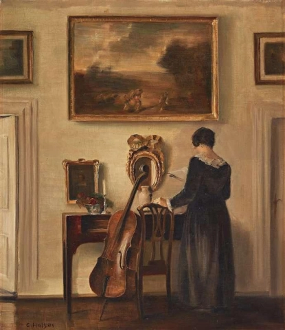 Interior con mujer y violonchelo