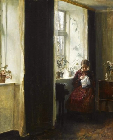 Young Girl Embroidering By The Window