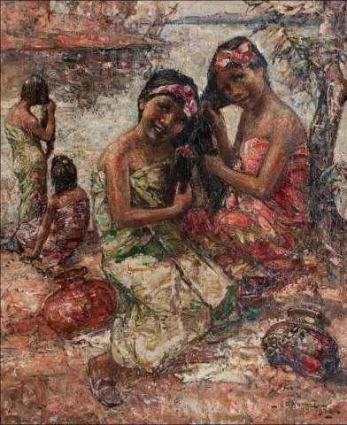 Niñas birmanas lavándose junto al río 1922