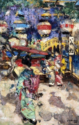 Figures With Lanterns And A Bridge 1894