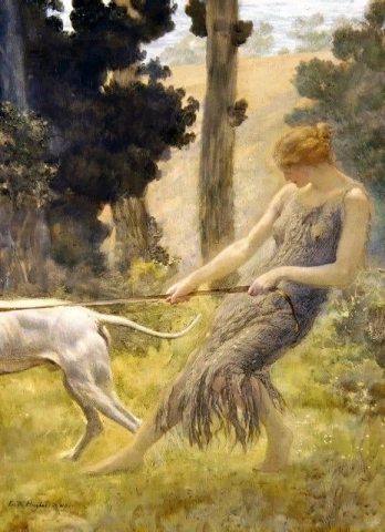 Robert Woman ulkoiluttaa koiraansa noin 1900