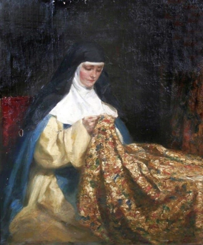 A Nun Embroidering Fabric