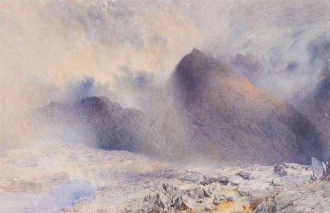 Mount Snowdon genom klarna moln 1857