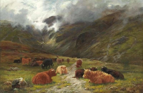 Скот отдыхает в горном пейзаже. Ожог после 1884 года.