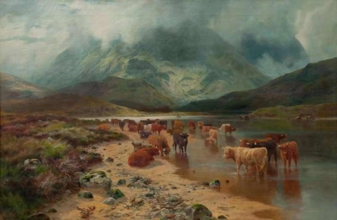 霧深い高原のグレンで牛に水やりをする様子 1889 年