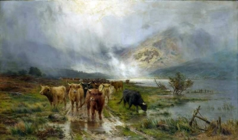 Hooglandvee bij een meer 1901