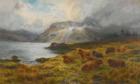 Hooglandvee rust bij een meer, 1896