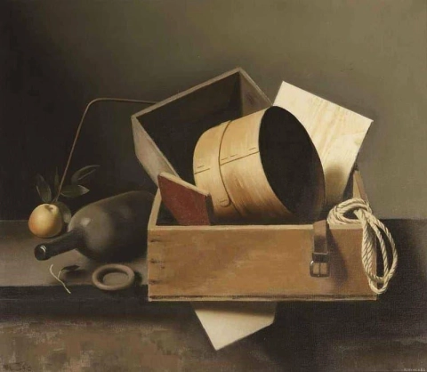 A Still Life With Boxes A Bottle And An Apple