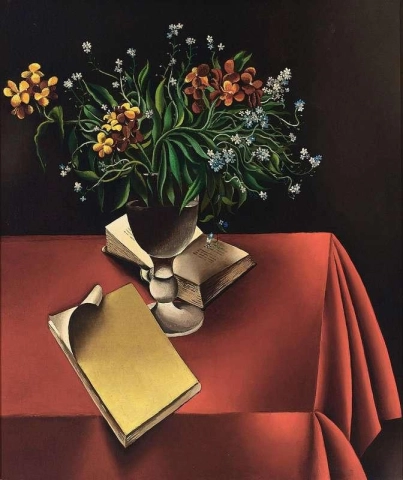 Asetelma kukkien ja kirjojen kanssa 1929