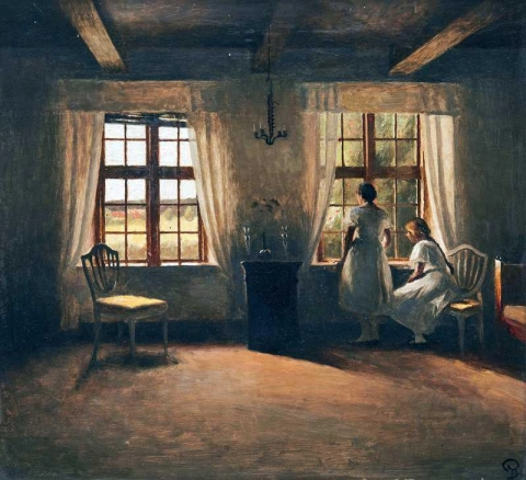 Een interieur met twee meisjes bij een raam