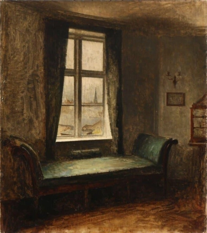 Interiør med en dansk Louis Xvi divan foran et vindu