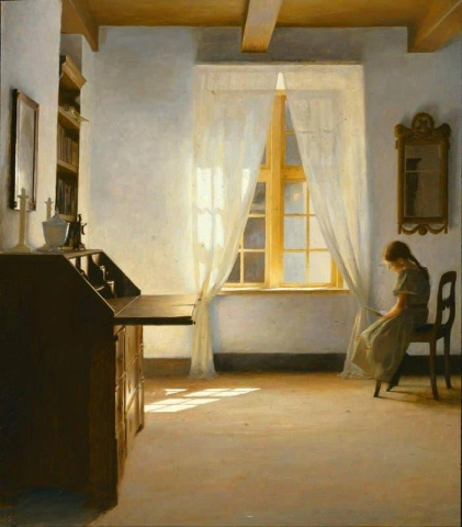 Interiør med en jente som leser 1901