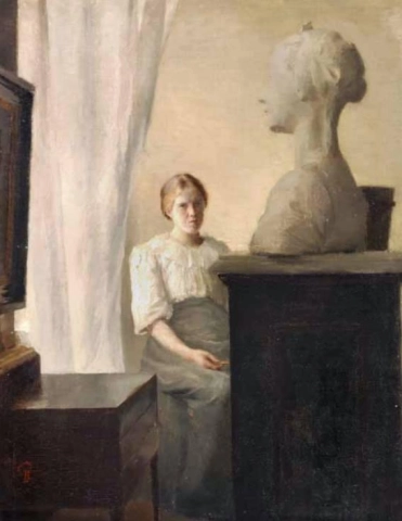 胸像を描いている芸術家の妻インゲボルグとのインテリア