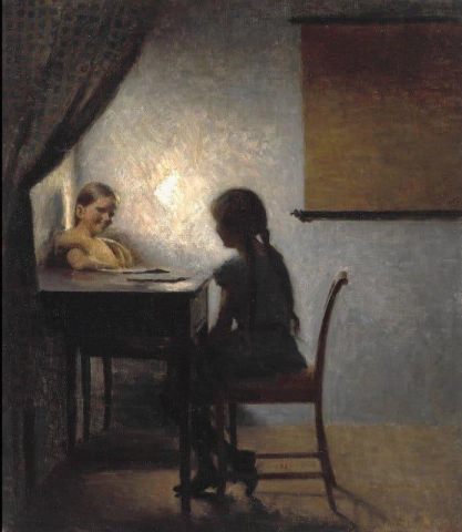 Sisustus, jossa kaksi pientä tyttöä istuu pöydän ääressä 1904