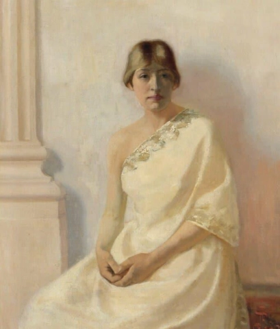 Porträt einer jungen Frau in einem weißen Abendkleid mit Goldborten, 1880