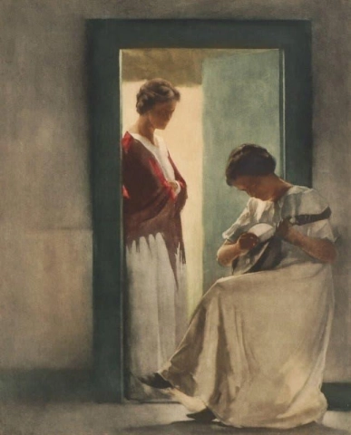 两个年轻女孩在门口 1913
