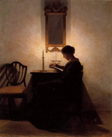 キャンドルの明かりで読書をする女性 1908