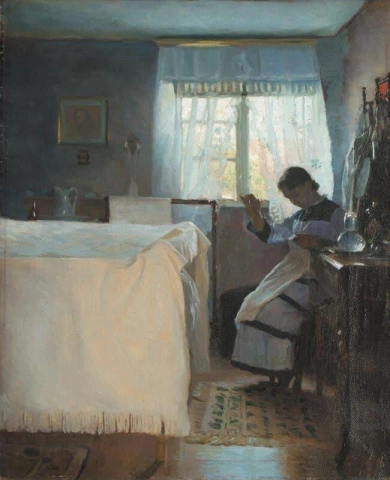Женщина за шитьем у окна