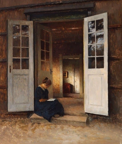 リーゼルンドの戸口で本を読む若い女の子