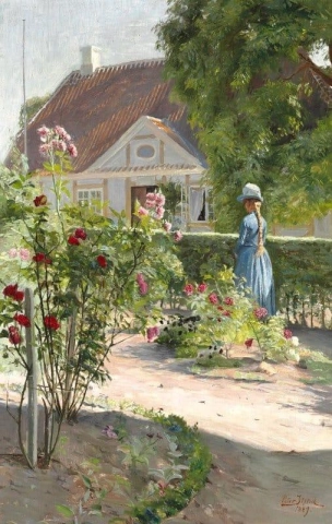 Молодая женщина в розовом саду 1889