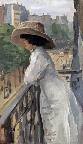 Una dama elegante en un balcón Rue De Clignancourt París Ca. 1910