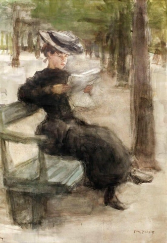 Een elegante dame die leest in het Bois de Boulogne, Parijs, 1906-1910
