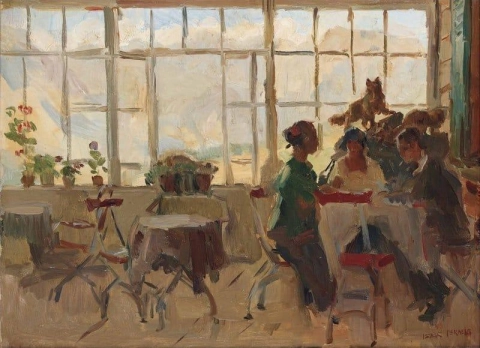 スイス、ポントレジーナのペンションでのディナー 1915年
