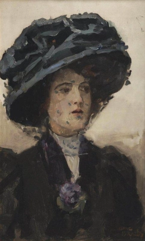 Elegant Lady With Blue Hat And Voile