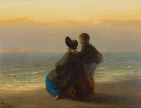 Mutter und Kind blicken auf das Meer