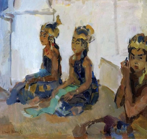 Drie Javaanse dansers in de Kraton van Solo 1922