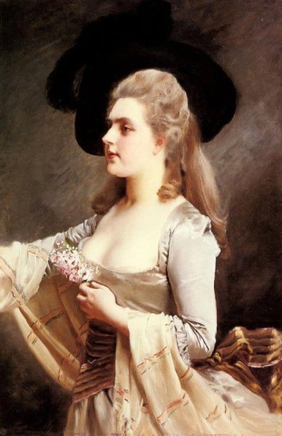 Eine elegante Dame mit schwarzem Hut 1878