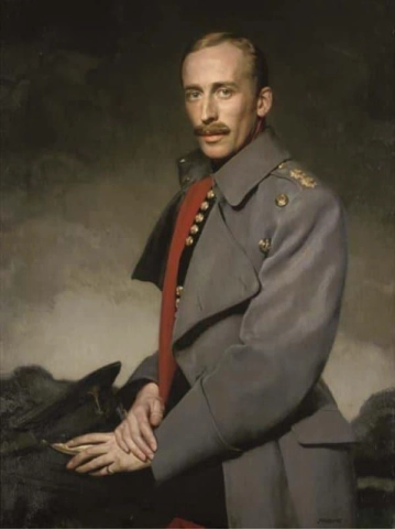 Retrato de un oficial de la guardia galesa sentado de tres cuartos de cuerpo con uniforme completo en un paisaje