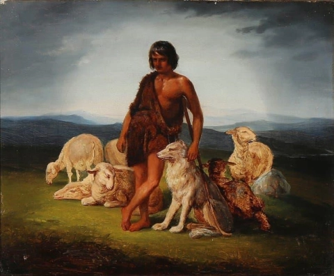 Un pastor con su rebaño y su perro.