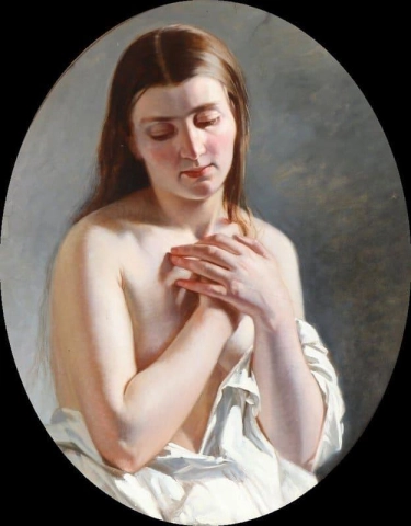 En studie av en ung naken som folder hendene