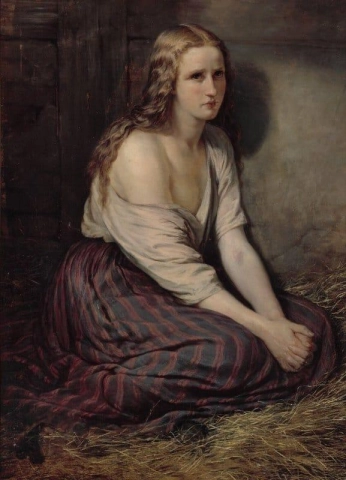 En ung blond kvinne som sitter i en stall. En parafrase av den angrende Maria Magdalena ca. 1862