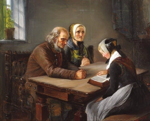 Een jong meisje leest de Bijbel voor. De grootouders luisteren vroom, 1854