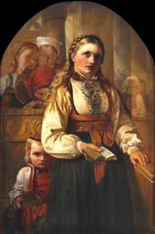 Kirkon sisustus perinteisiin norjalaisiin kansallispukuihin pukeutuneilla tytöillä n. 1854