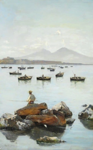 Pescadores y barcos de pesca en el Golfo de Nápoles. En el fondo el Vesubio