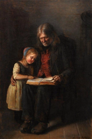 Interiør med en eldre mann som leser høyt for en jente 1865