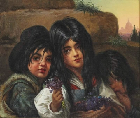 Pienet roomalaiset tytöt tarjoilevat violetteja. Taustalla Pyhän Pietarin basilika