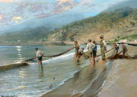 Scena costiera meridionale con i pescatori che tirano la pesca a terra