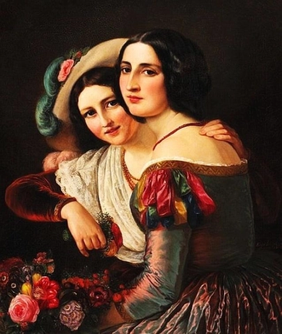 Due giovani donne italiane vestite con abiti colorati per il Carnevale del 1850