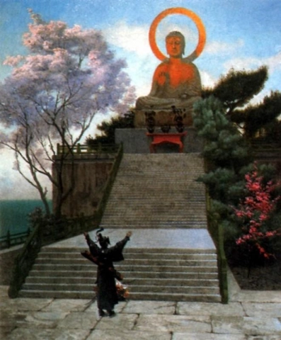 En japaner som bønnfaller en guddom