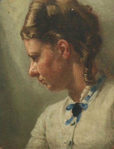 Uma jovem de perfil, provavelmente a irmã do artista, Helga Johansen