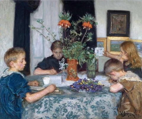 Kinder malen Frühlingsblumen 1894