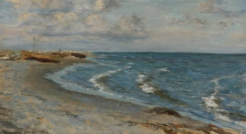 从斯卡恩看到的海岸景色和停泊在岸上的渔船 1903 年