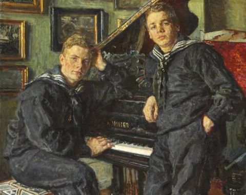 Ingvar en Sven gekleed in matrozenpakken bij de vleugel. Dubbelportret 1913